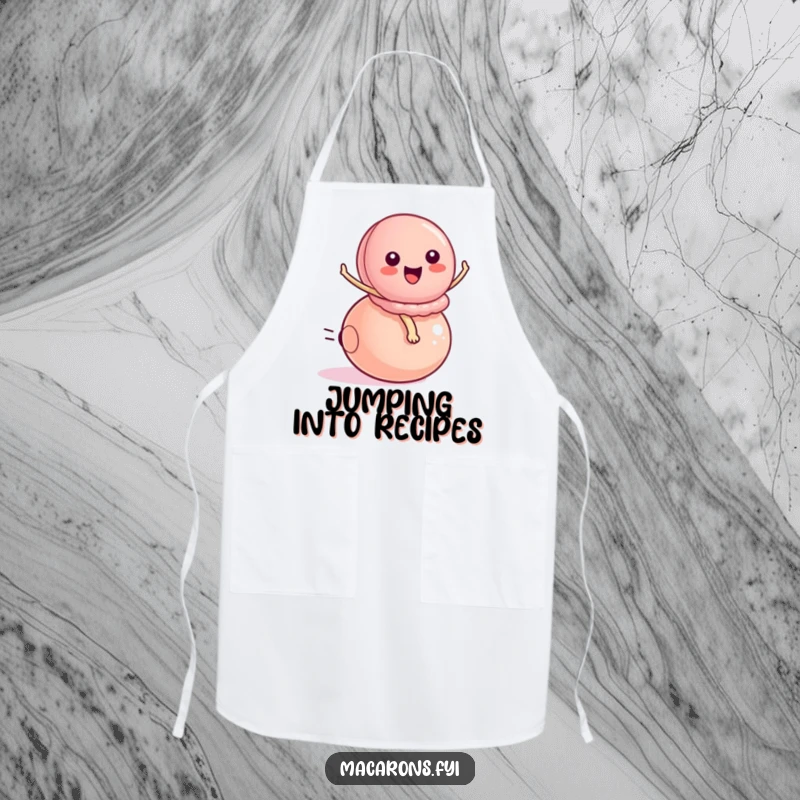 Funny peppy macaron character energetically riding a small bouncy ball, featured on a practical apron for a humorous cooking experience.