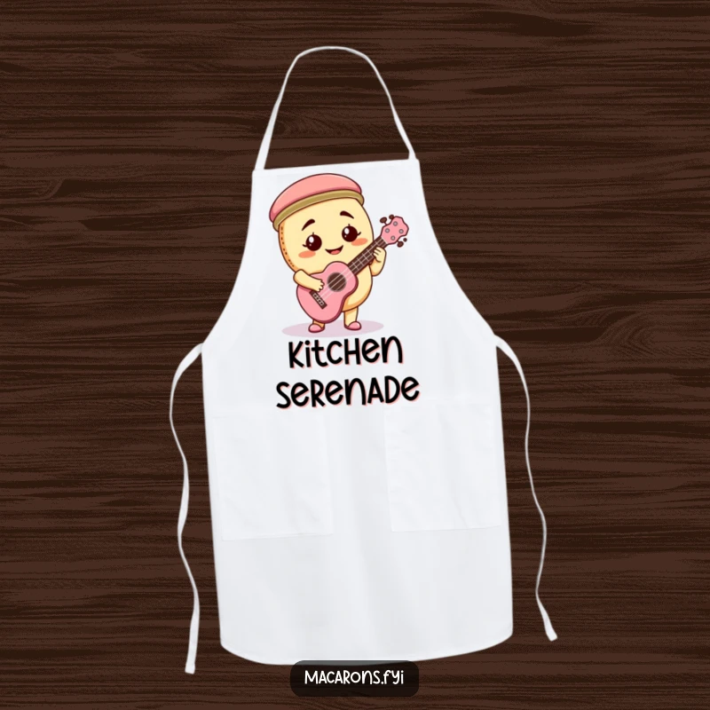 Funny macaron character playing a ukulele enthusiastically with a goofy smile, featured on a functional kitchen apron.