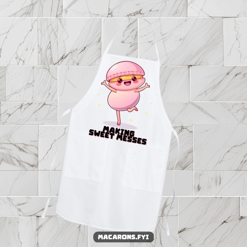 Funny Apron showcasing a macaron character performing a cartwheel, perfect for adding a playful and sweet touch to cooking.