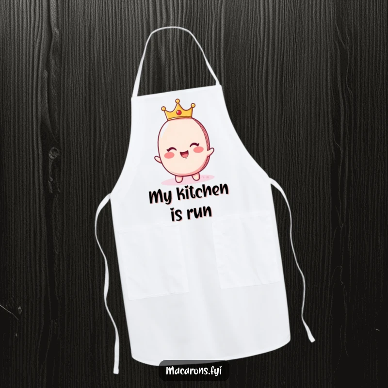 Funny giggling macaron character wearing a tiny crown, exuding regal charm, featured on a practical apron for a humorous cooking experience.