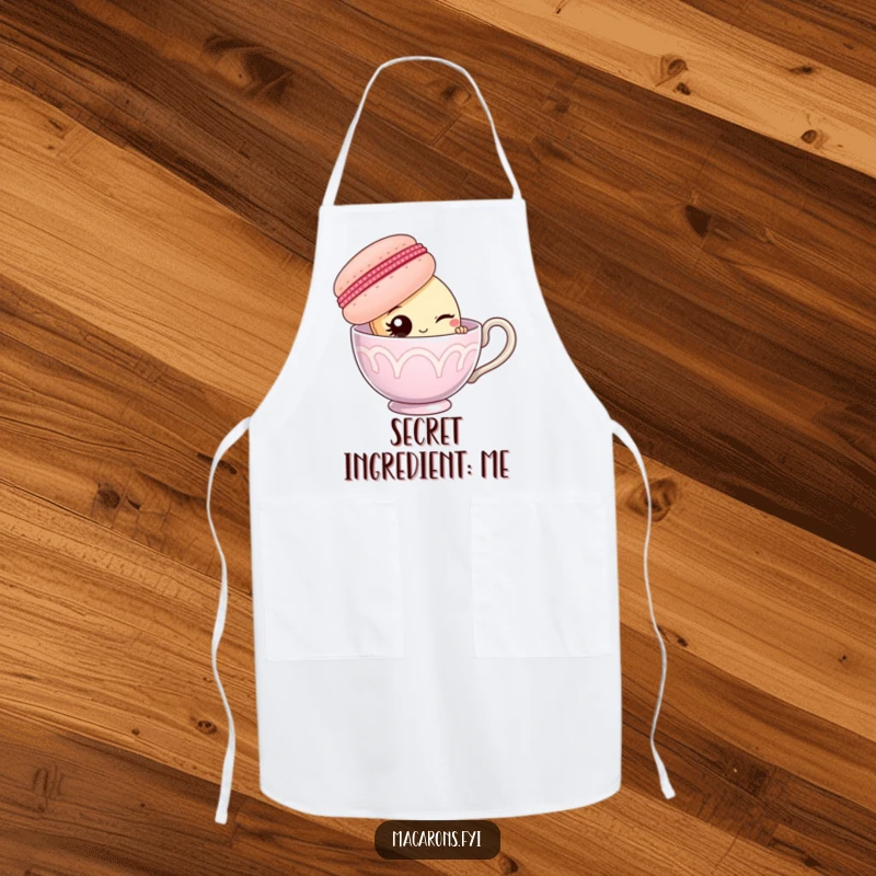 Funny macaron character peeking from behind a giant teacup, winking, on a functional and funny chef’s apron.