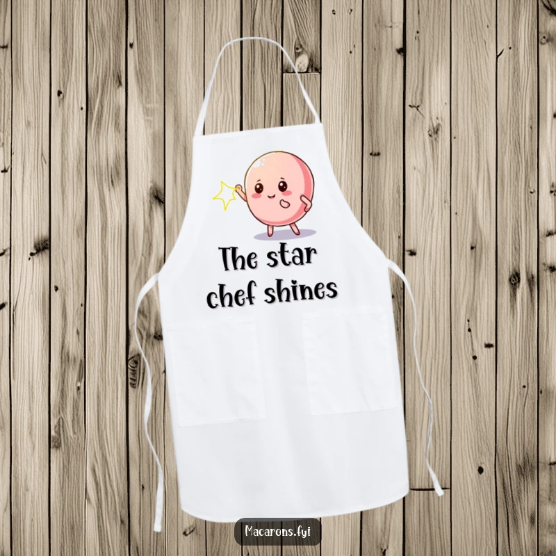 Funny macaron apron adorned with a dramatic macaron character under a spotlight, for the kitchen star.