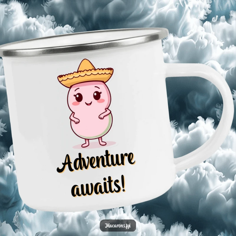 Funny Macaron Camping Mug with a macaron wearing a sombrero, posing confidently, perfect for outdoor use and adding humor to your adventure.