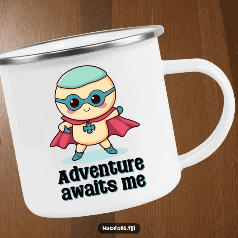 Funny superhero macaron camping mug showing a macaron striking a pose with capes, perfect for outdoor heroes.