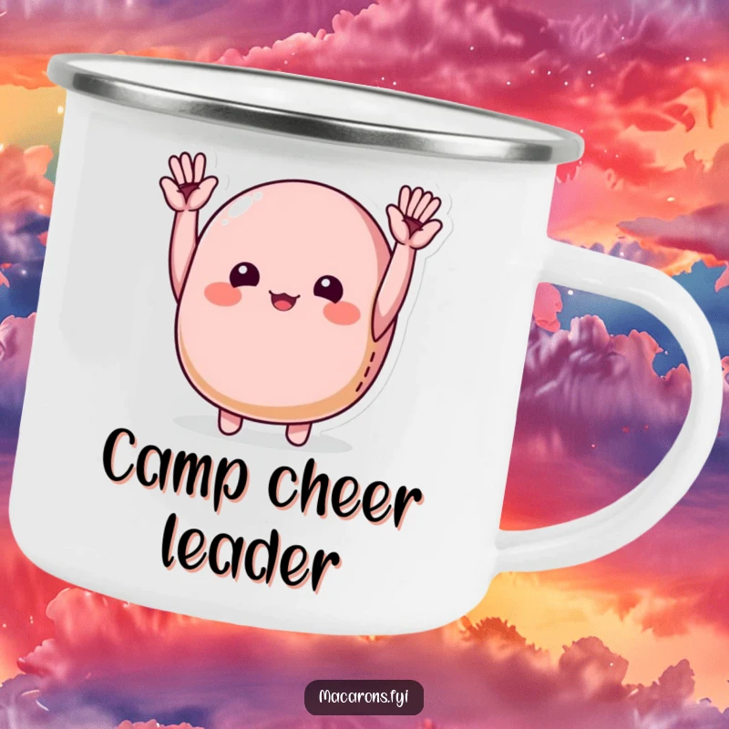 Funny macaron character joyfully cheering with tiny hands raised high, on a durable camping mug for outdoor celebration.