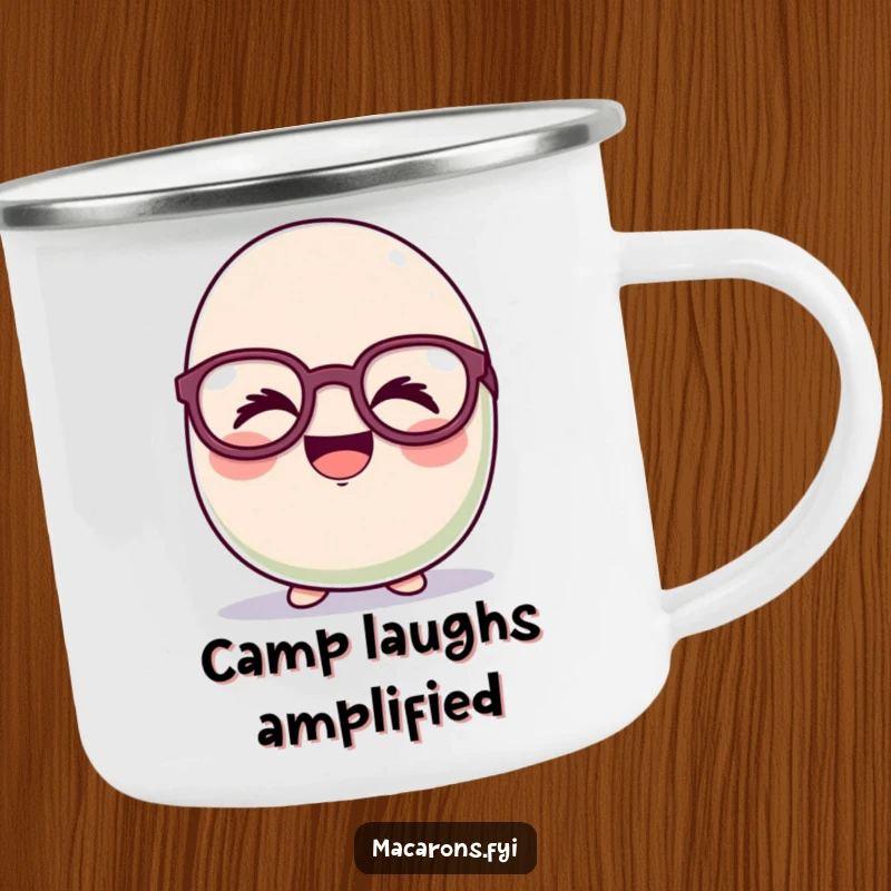 Funny macaron character giggling hysterically behind oversized, comical glasses on a durable camping mug for outdoor amusement.