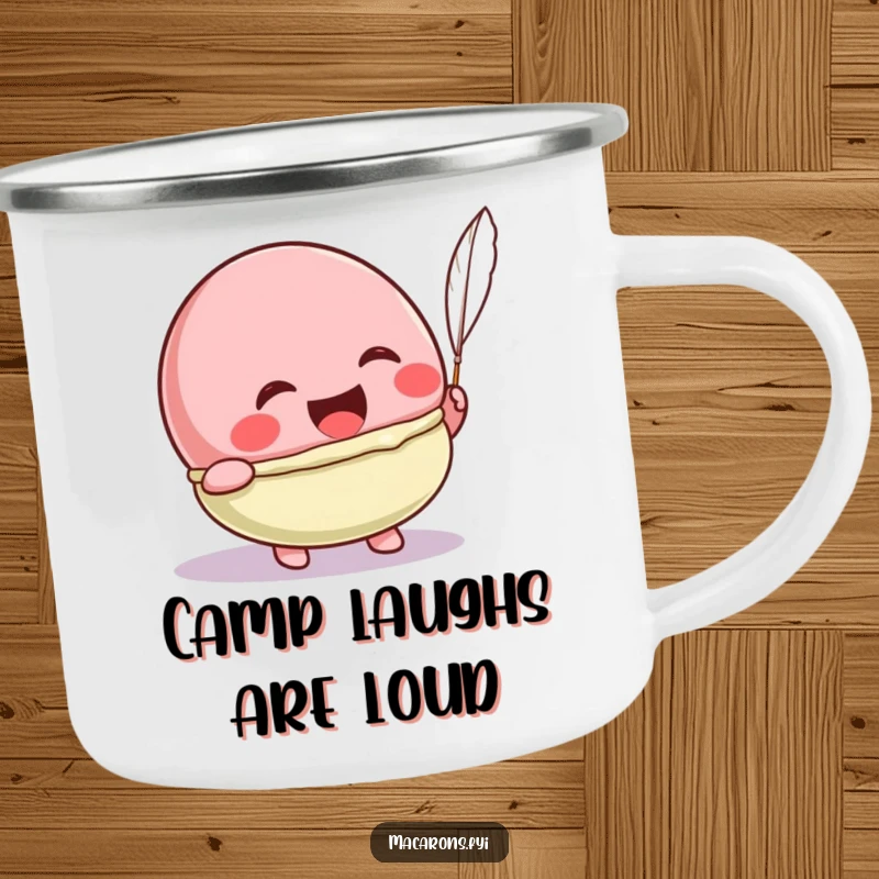 Funny Kawaii macaron character laughing from a feather tickle, a humorous and durable camping mug.