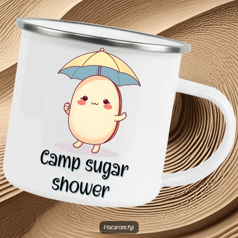 Funny macaron character holding a tiny umbrella, dancing in a sugar shower, durable for camping and adding whimsical cheer.