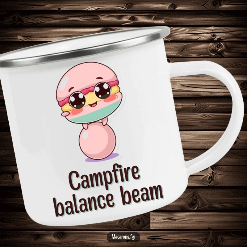 Funny macaron character in a balancing act on a ball, ready for outdoor fun, depicted on a sturdy camping mug.