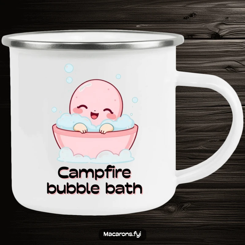 Funny macaron character relaxing in a bubble bath on a durable camping mug.