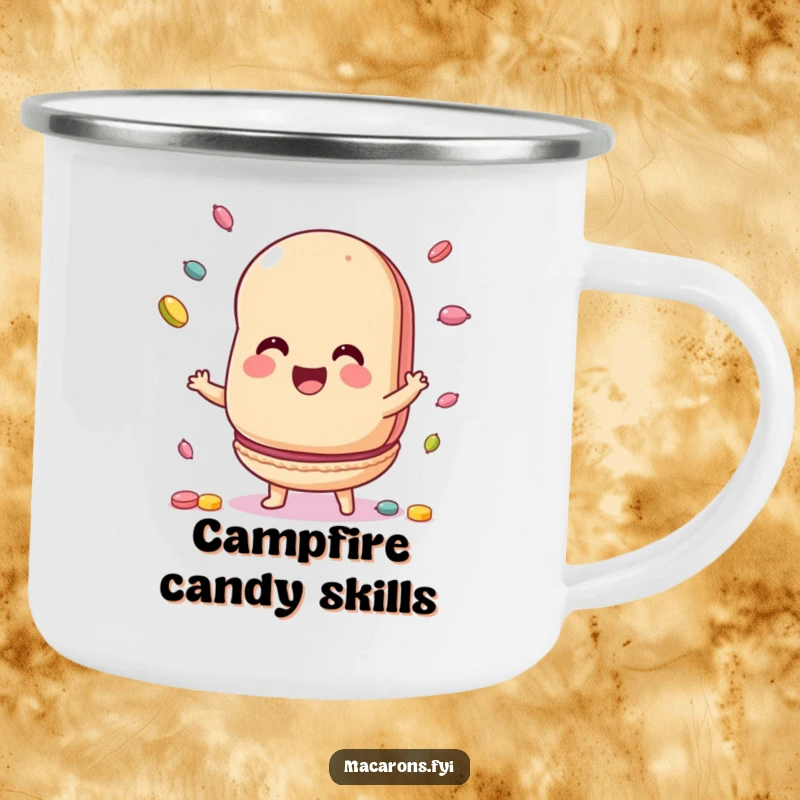 Funny Camping Mug with a macaron character juggling candies, bringing sweet cheer to outdoor activities.