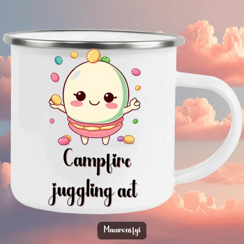 Funny macaron camping mug featuring a macaron character juggling candies with a smile, durable and fun.