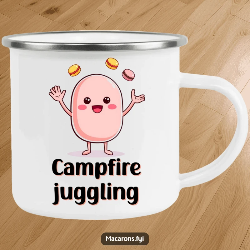 Funny cheerful macaron character juggling macarons, on a durable and cheerful camping mug.