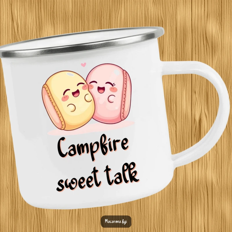 Two funny macaron characters giggling together on a durable camping mug, for sharing sweet outdoor moments.