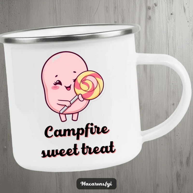Funny Kawaii macaron character winking with a giant lollipop, a humorous and durable camping mug.