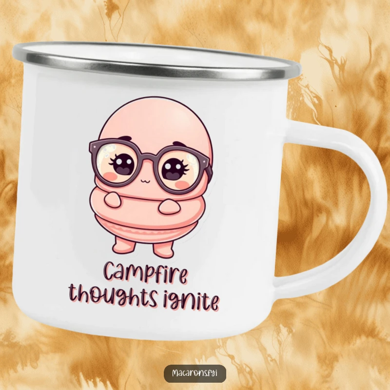 Funny macaron camping mug featuring a macaron character in oversized glasses, looking thoughtful and ready for adventure.