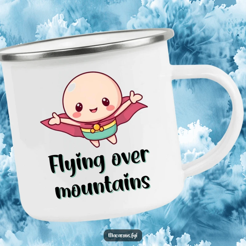 Funny macaron hero camping mug with a brave macaron in a cape soaring, ready for outdoor adventures with sweet determination.