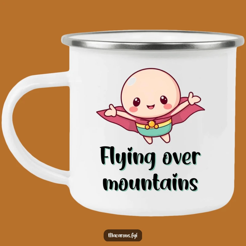 Funny Flying Macaron Hero Camping Mug: Adventure with Sweet Heroism, Perfect Funny Gift