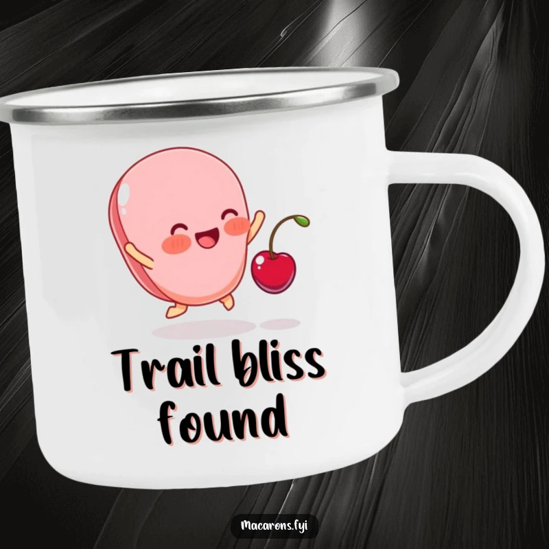 Funny camping mug showing a blushing macaron leaping joyfully as a cherry lands, ready for outdoor fun and laughter.