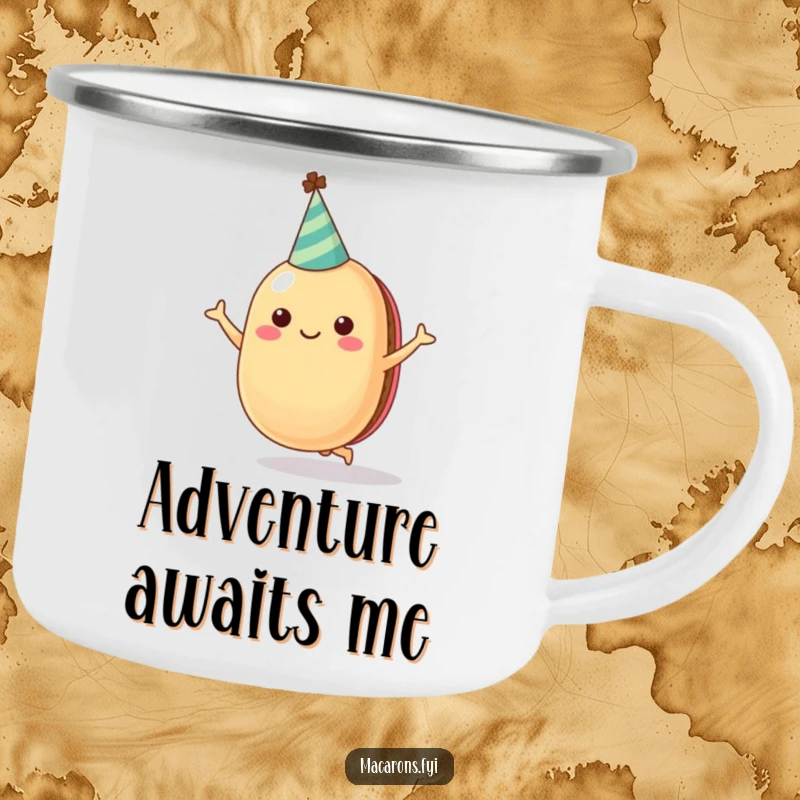 Funny macaron character in a party hat, caught mid-jump, designed for outdoor use on a durable camping mug.