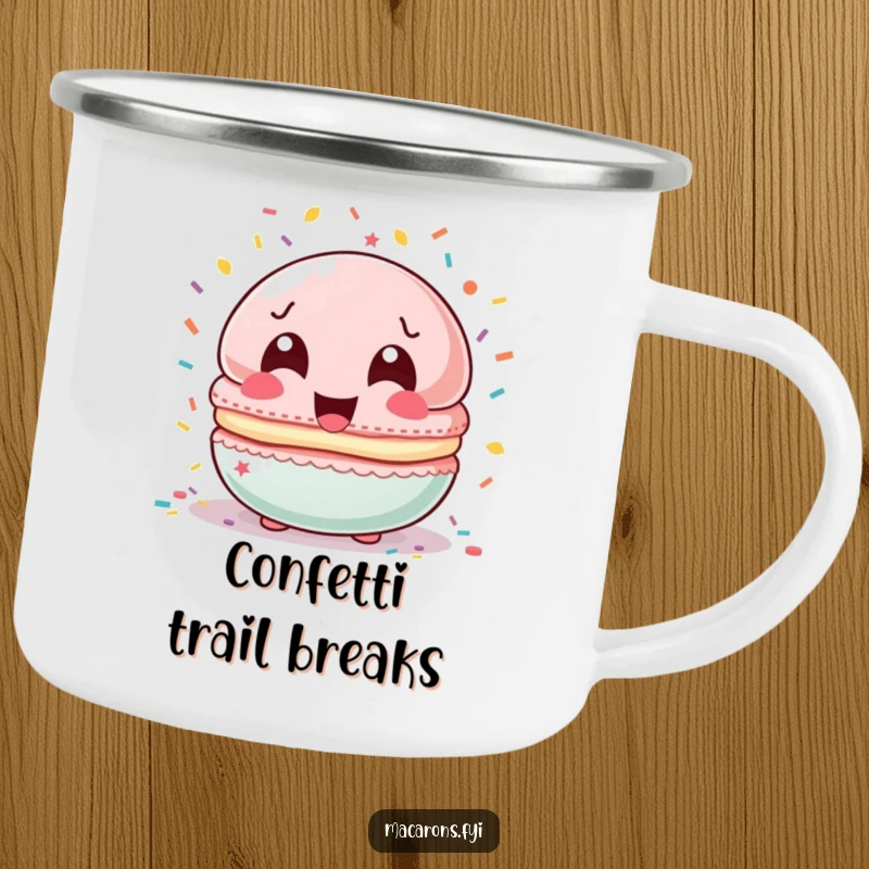 Funny macaron character laughing, showered by confetti, on a durable enamel camping mug, ready for any celebration.