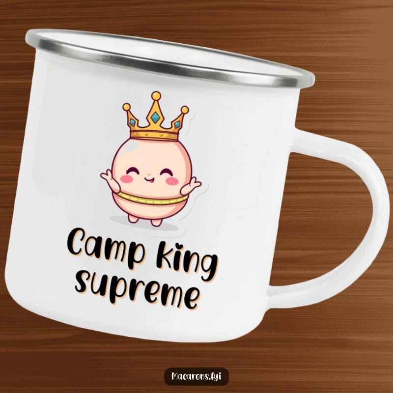 Funny macaron character wearing a tiny crown, striking a silly royal pose on a durable camping mug for regal outdoor enjoyment.