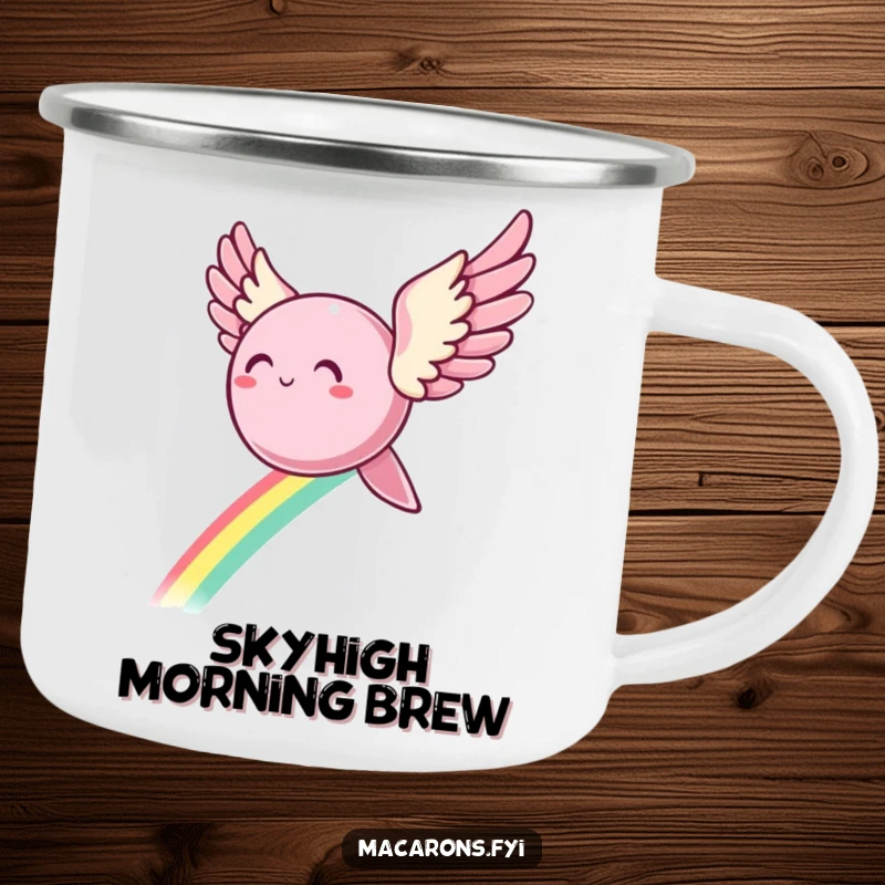 Funny Camping Mug: A sturdy mug showcases a macaron with wings flying high, leaving a colorful rainbow trail, perfect for the outdoors.
