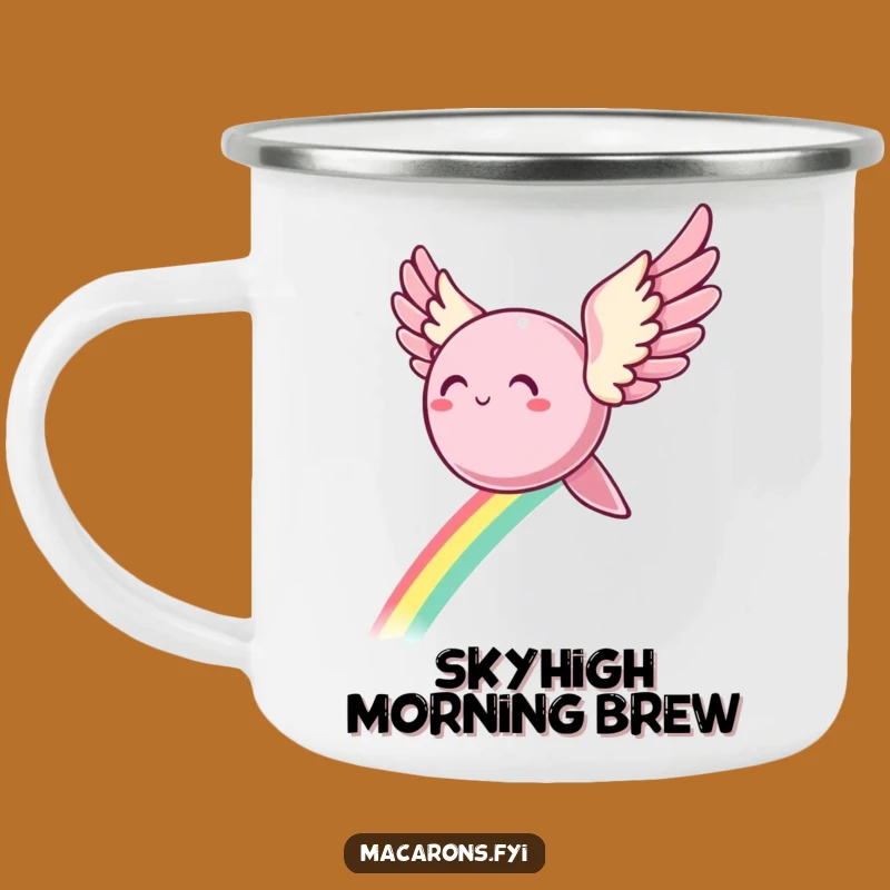 Funny Flying Macaron Wings Camping Mug: Adventure with Magic!