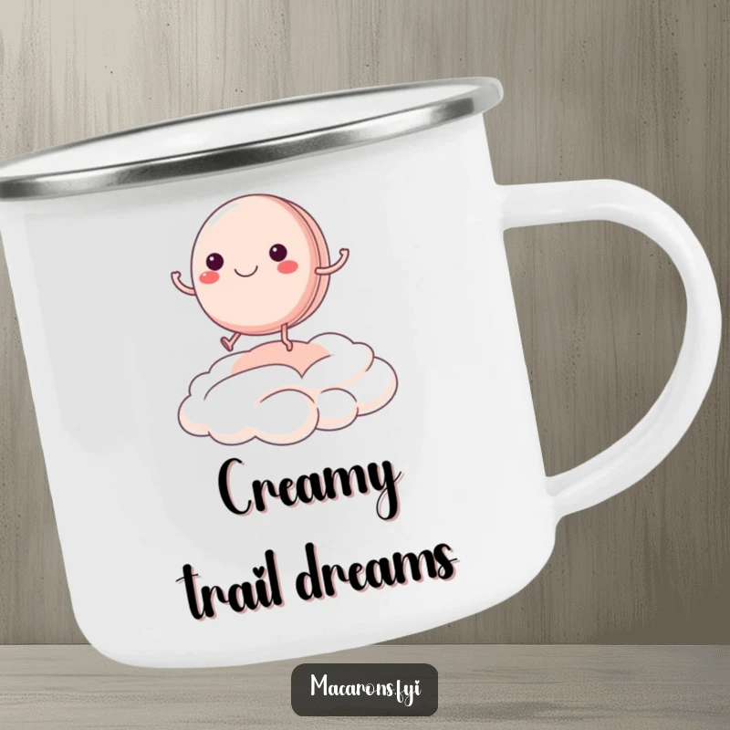 Funny macaron character joyfully bouncing on a cream cloud on a rugged camping mug, for sweet outdoor moments.