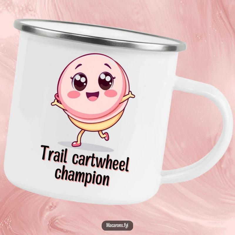 Funny Macaron Camping Mug: Sturdy Kawaii macaron character with big eyes performing a joyful cartwheel, celebrating outdoor fun.