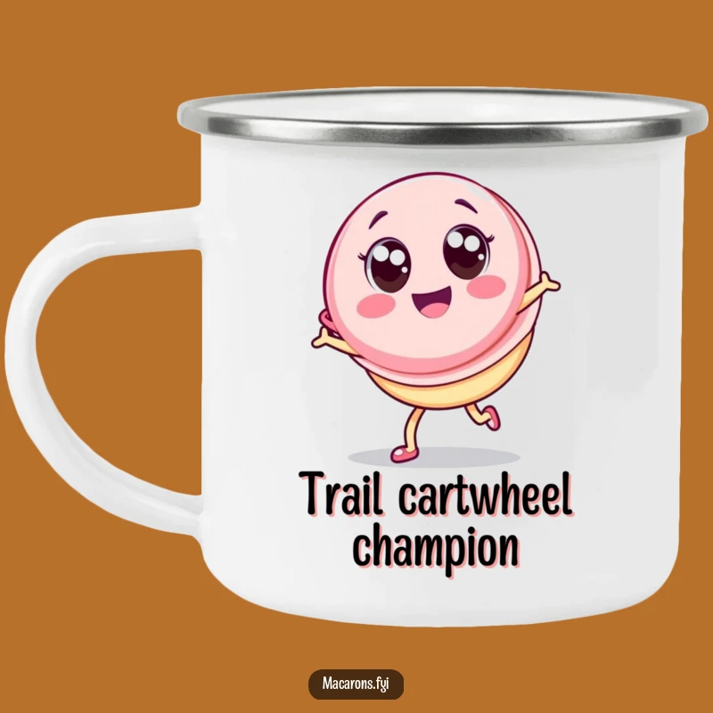Funny Kawaii Macaron Cartwheel Camping Mug: Adventure Joy, Perfect Outdoor Gift