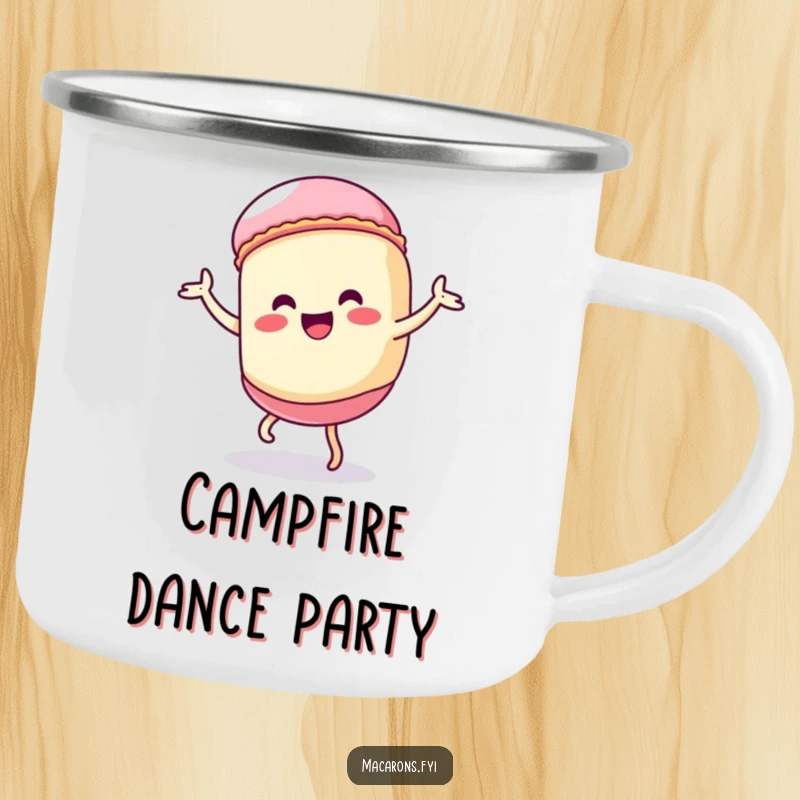 Funny Kawaii macaron character doing a silly dance, a fun and humorous camping mug.
