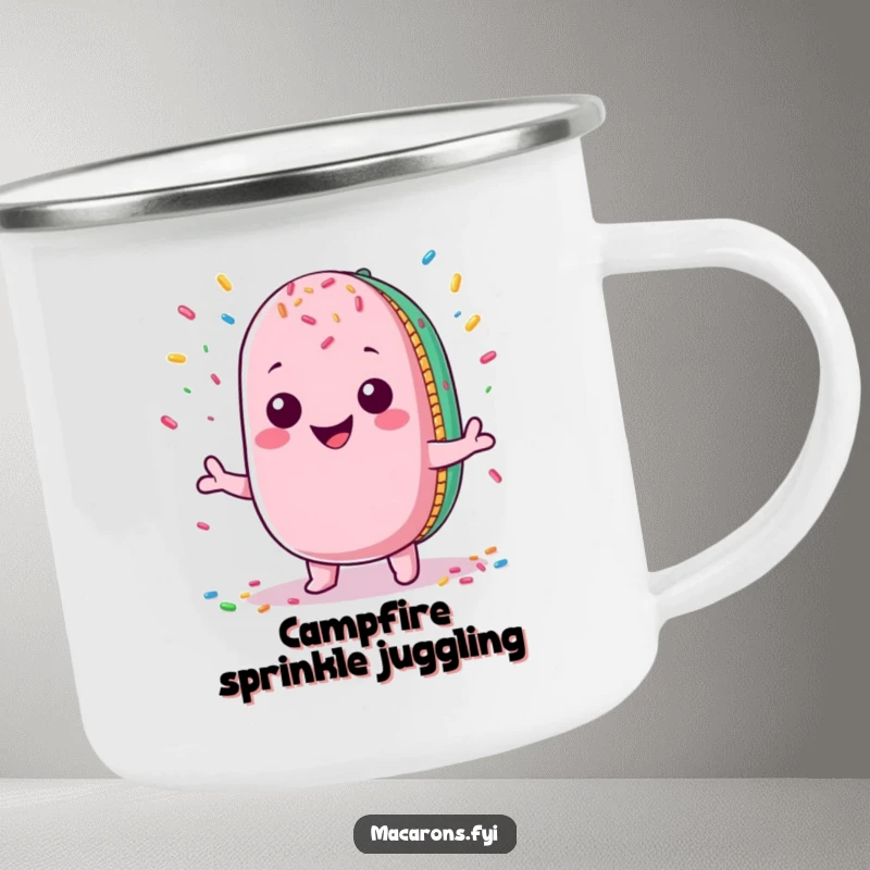 Funny Macaron Camping Mug: Cheerful Kawaii macaron character juggling colorful sprinkles, perfect for enjoying drinks outdoors.
