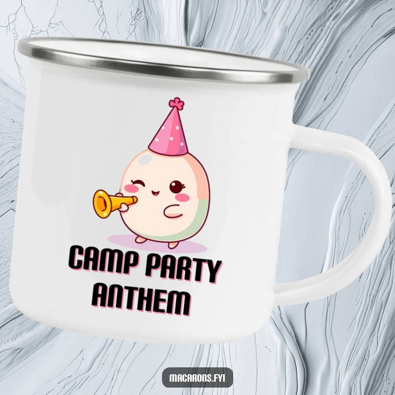 Funny Macaron Camping Mug: Festive Kawaii macaron character in a party hat blowing a tiny trumpet, celebrating outdoor fun.