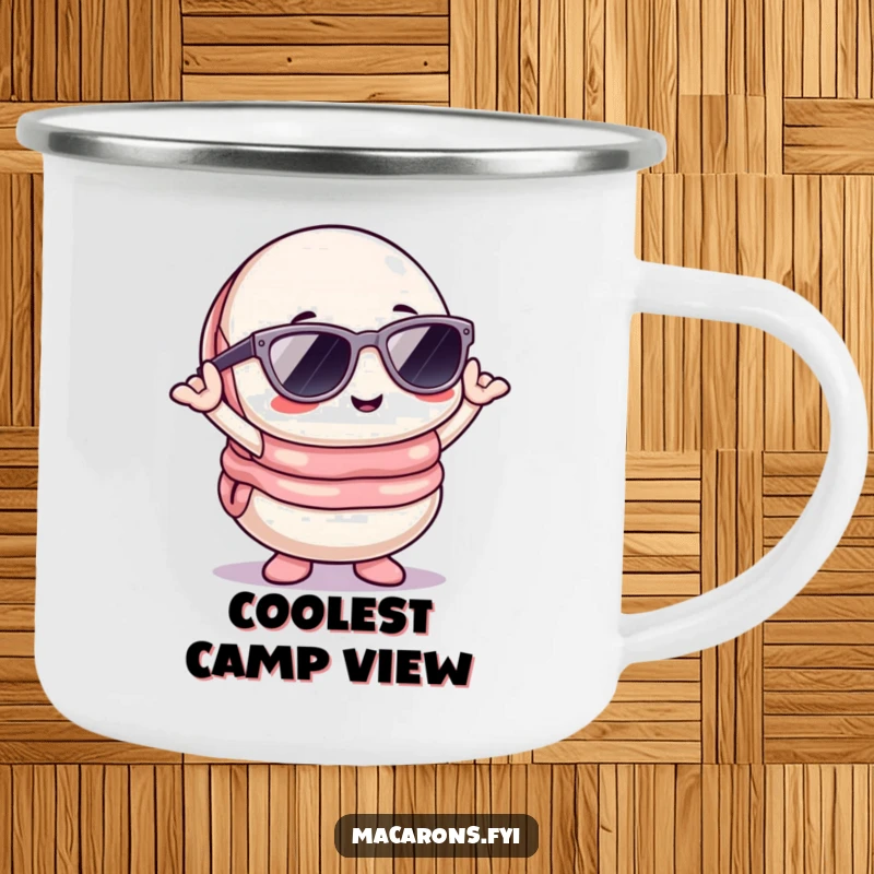 Funny Kawaii macaron character wearing sunglasses and posing, a cool and humorous camping mug.