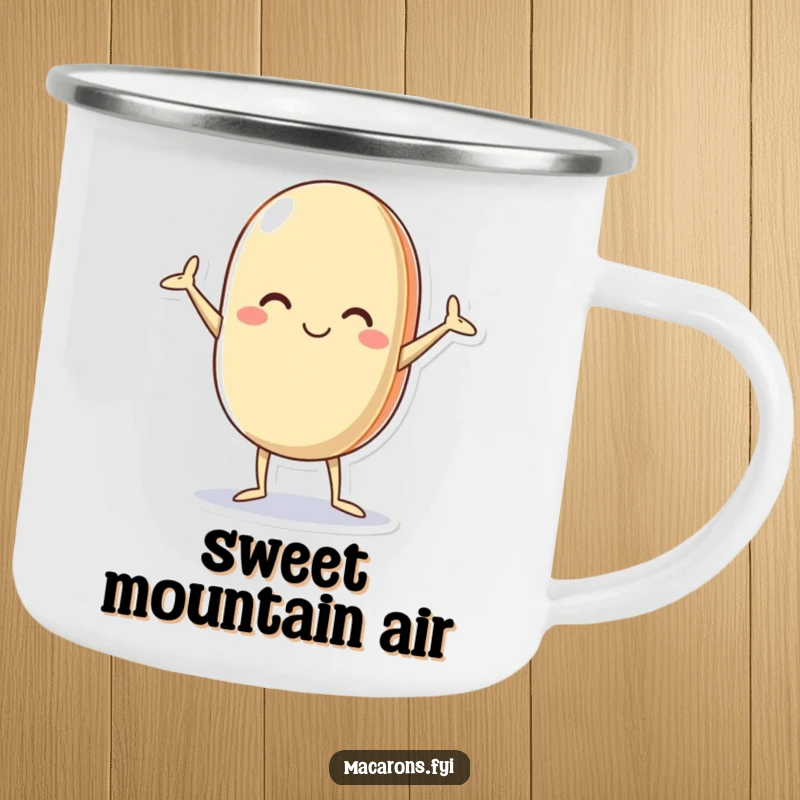 Funny macaron camping mug showing a character striking a silly, legs and arms akimbo pose, ready for any outdoor adventure.