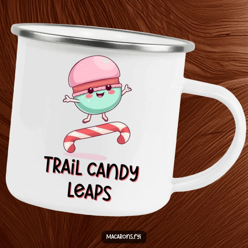 Funny Camping Mug with a macaron character leaping over a candy cane, bringing sweet, adventurous cheer to outdoor activities.
