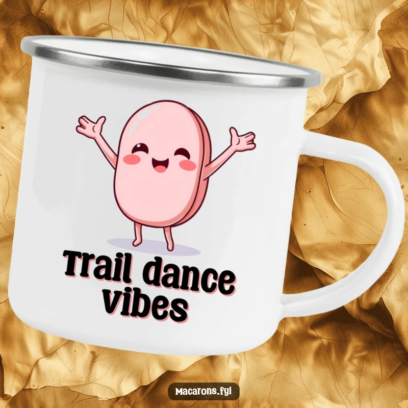 Funny macaron character doing a joyful, wobbly dance with arms outstretched, on a durable camping mug.