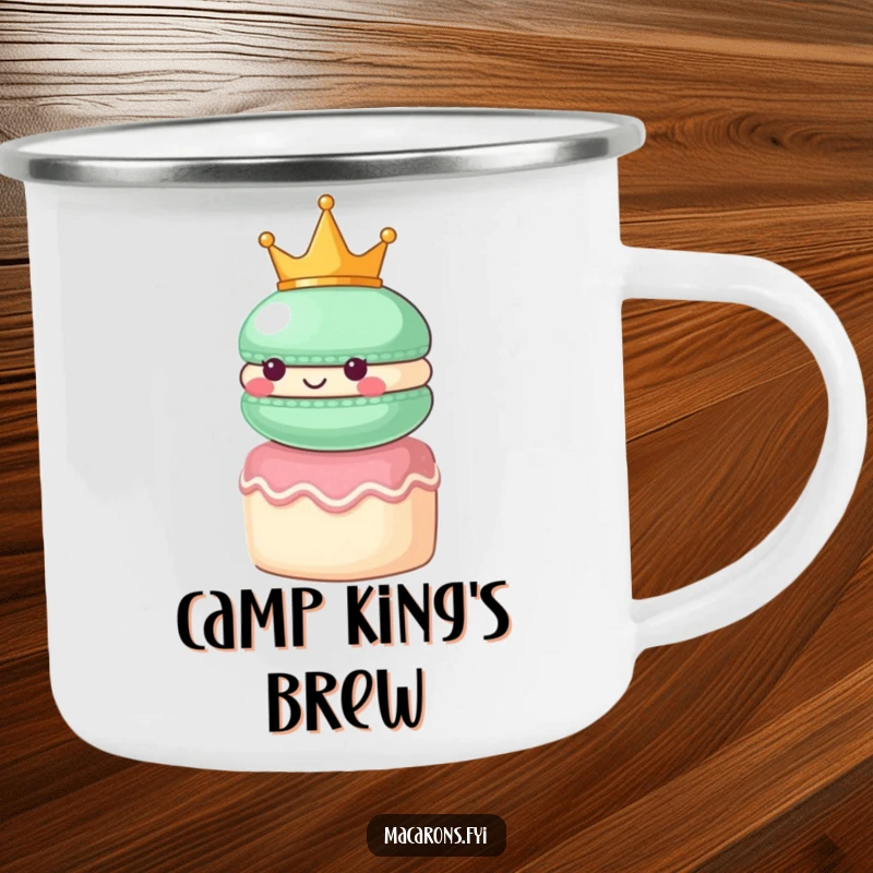 Funny macaron character wearing a small crown, looking regal atop a tiny cake, on a durable camping mug.