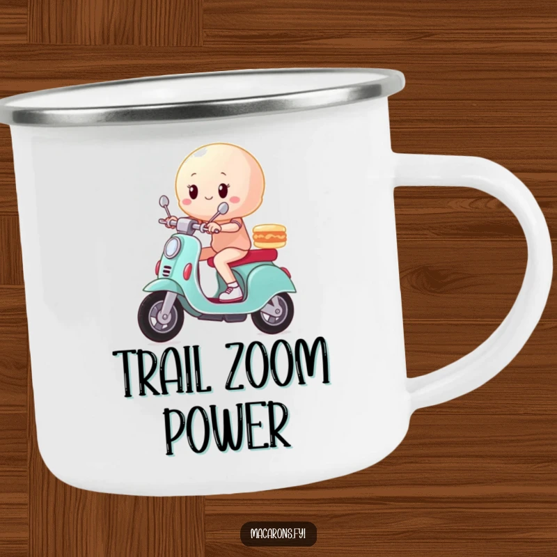 Funny macaron character zooming triumphantly on a scooter on a durable enamel camping mug, ready for adventure.