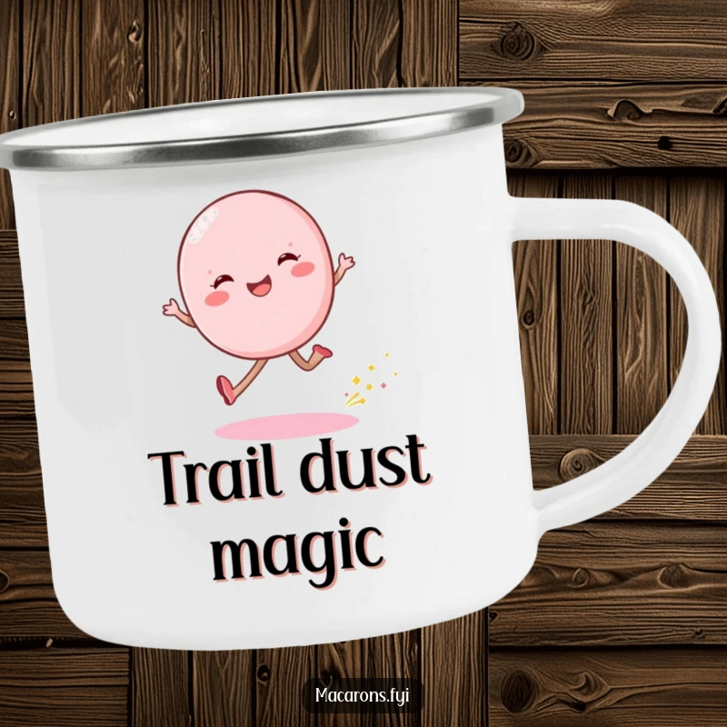 Funny macaron character skipping with shimmering dust on a durable enamel camping mug, perfect for the outdoors.