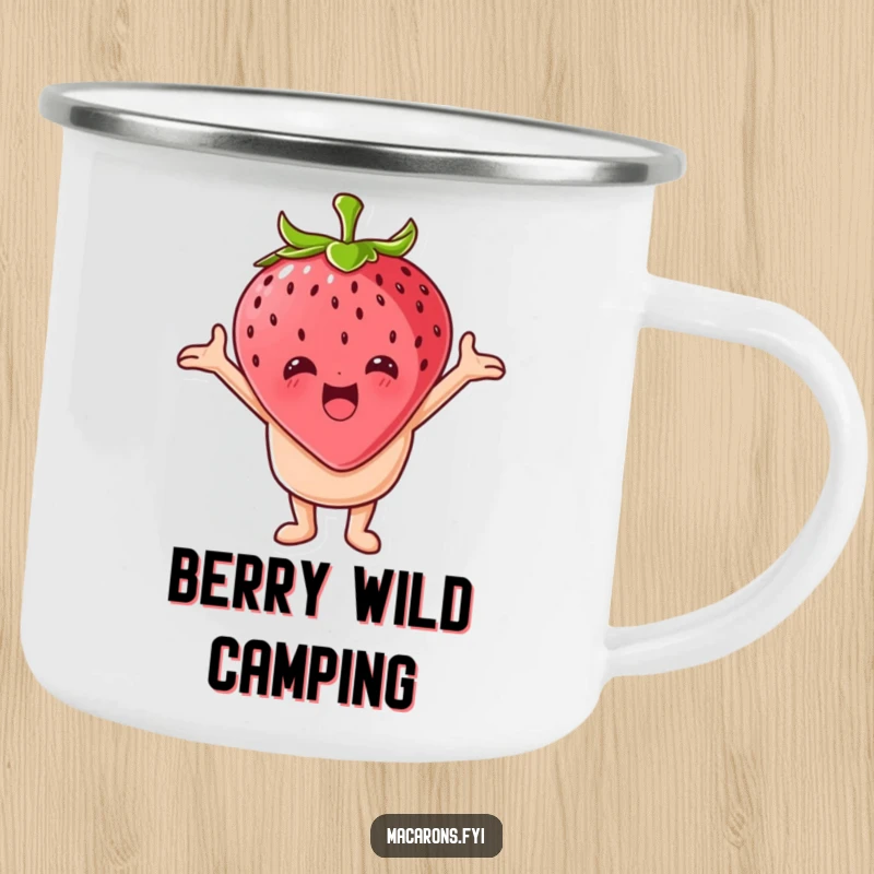 Funny macaron character embracing a giant strawberry on a rugged camping mug, for sweet outdoor embraces.