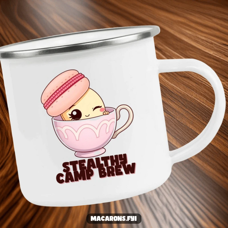 Funny macaron character peeking from behind a giant teacup, winking, on a durable camping mug.