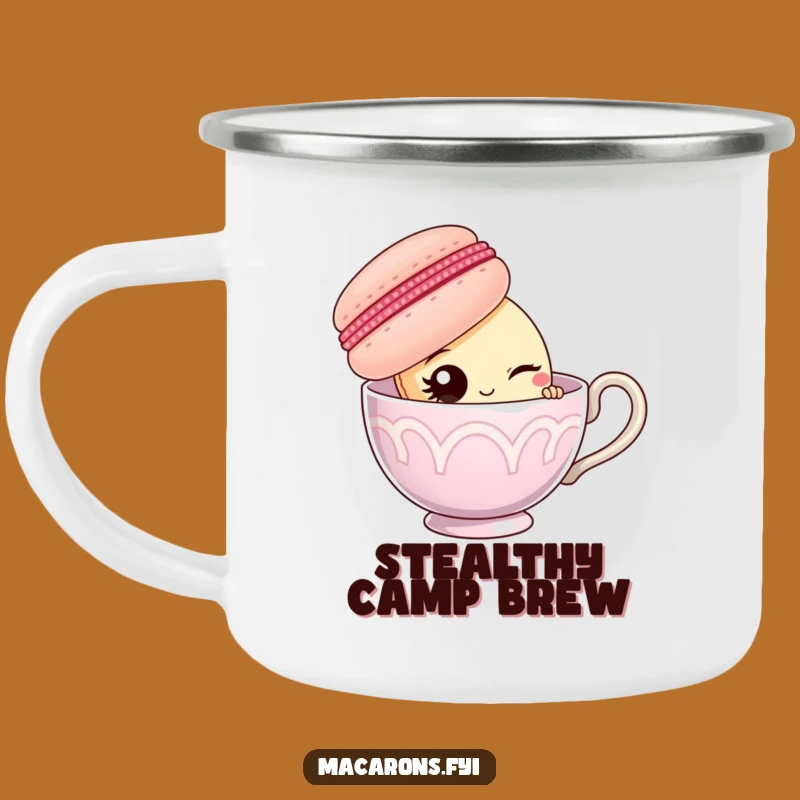 Funny Macaron Teacup Wink Camping Mug: Cheeky Outdoor Character Cup