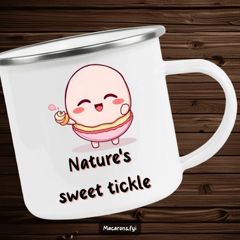Funny macaron character giggling while being tickled by a frosting swirl, durable camping mug, cool funny gift.