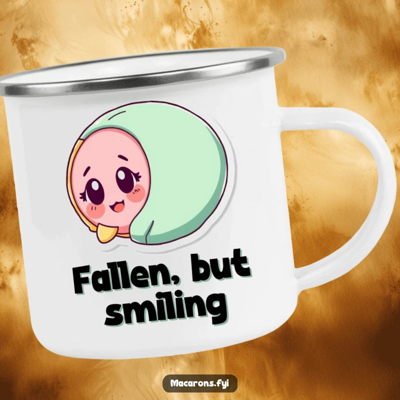 Funny macaron character tumbling with surprised delight, on a durable camping mug for outdoor amusement.
