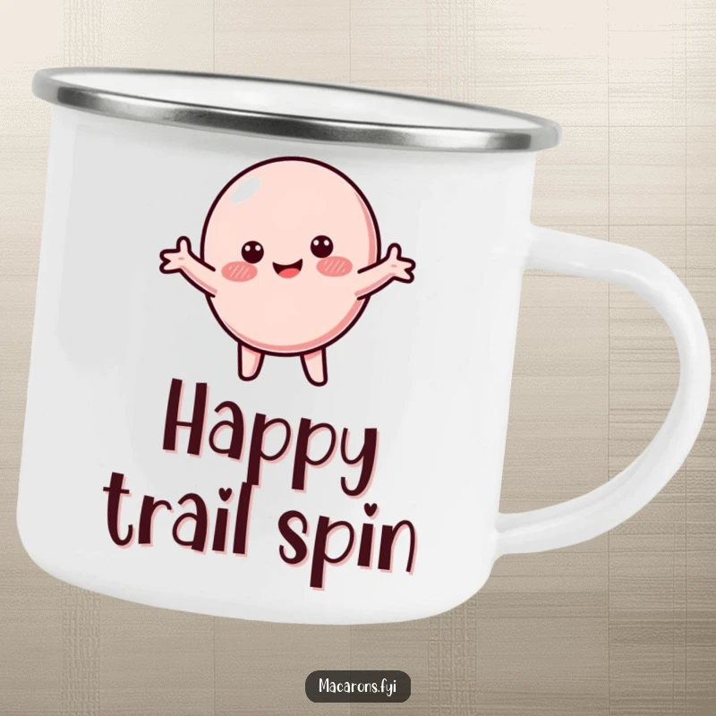 Funny macaron camping mug showing a blushing macaron character spinning happily with arms wide, for outdoor enjoyment.