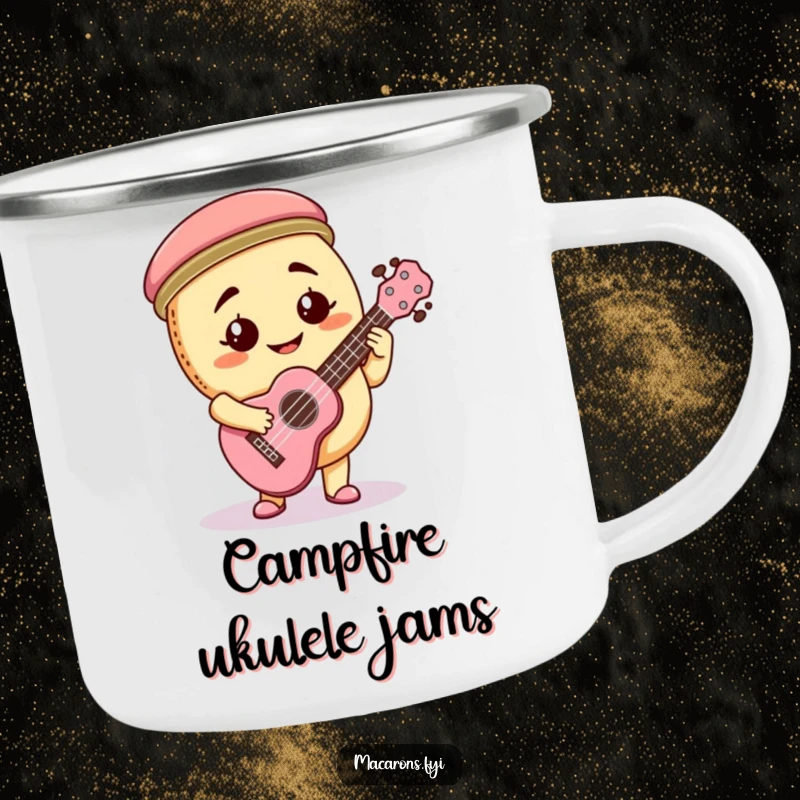 Funny macaron character playing a ukulele with enthusiasm on a durable enamel camping mug, perfect for outdoor tunes.