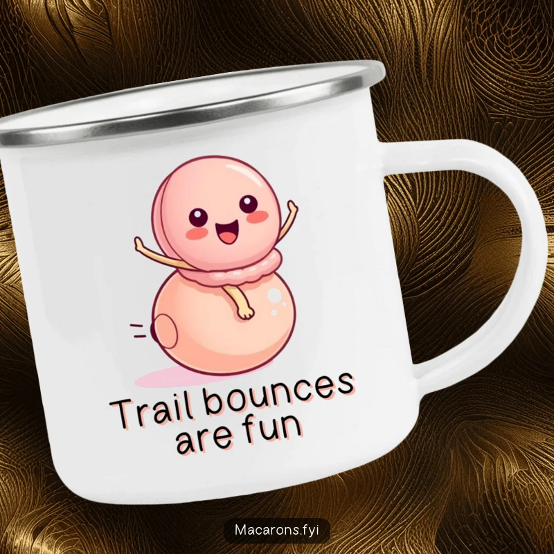 Funny peppy macaron character energetically riding a small bouncy ball, designed for outdoor fun on a durable camping mug.