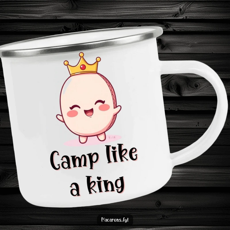 Funny macaron character wearing a tiny crown and giggling, looking regal, designed for outdoor use on a durable camping mug.